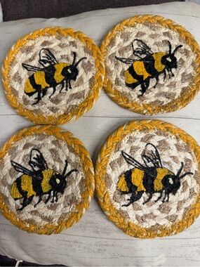 Bee Embroidered Round Jute Coasters - Yellow & Black (Set of 4)
